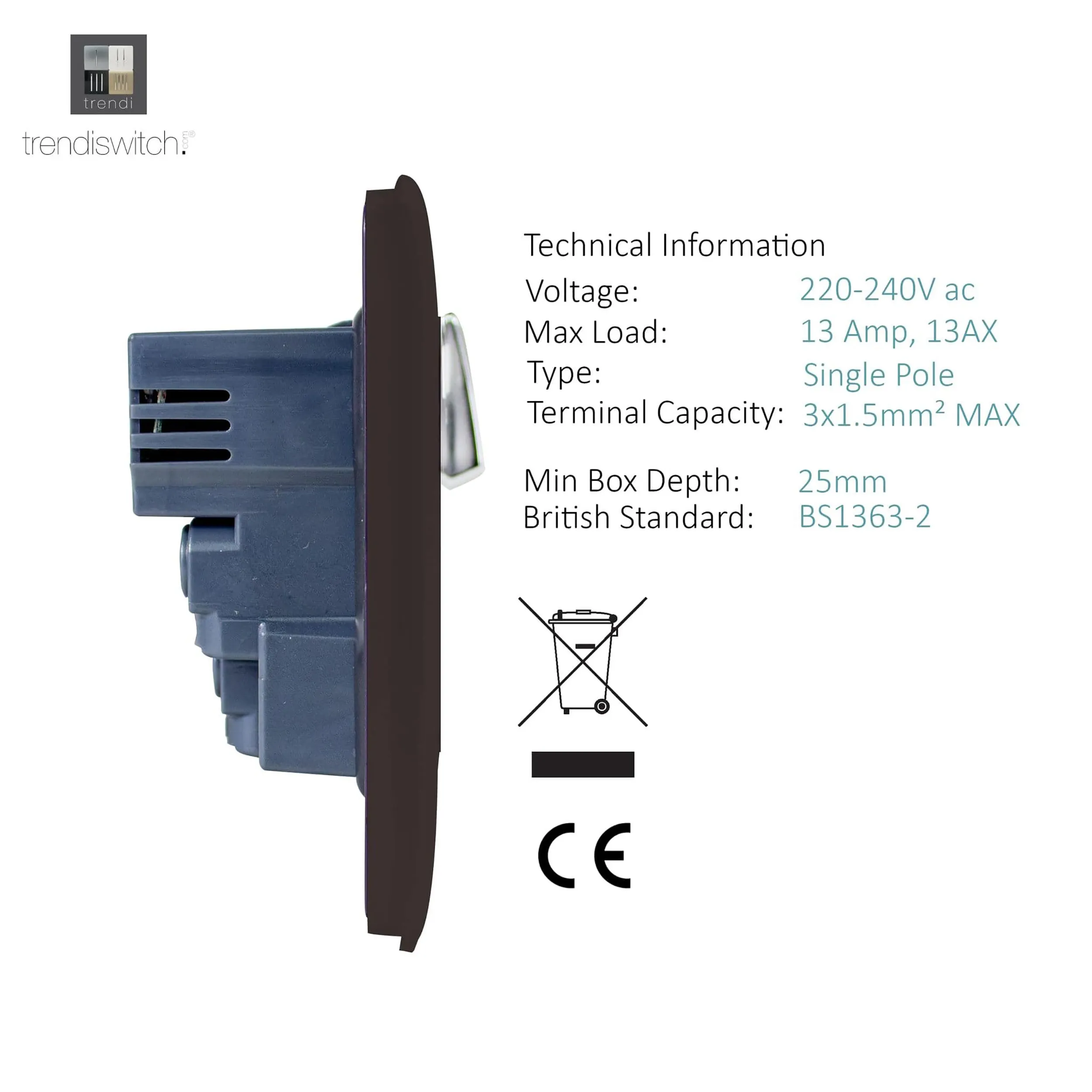 1 Gang 13Amp Switched Single Socket With 2 x USB Dark Brown ART-SKT13USBDB  Trendi Dark Brown